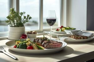 en Västra bordsbild för en modern middag. ai generativ foto