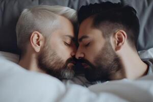 två män utgifterna tid tillsammans, kyssar. HBTQ, Gay par, relation. mångfald, homosexualitet. partners med Icke traditionell sexuell orientering. sensuell ögonblick. generativ ai. foto