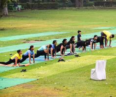 ny delhi, Indien, juni 20 2023 - grupp yoga övning klass surya namaskar för människor av annorlunda ålder i lodhi trädgård, internationell yoga dag, stor grupp av vuxna delta en yoga klass i parkera foto