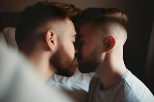 två ung män utgifterna tid tillsammans, kyssar. HBTQ, Gay par, relation. mångfald, homosexualitet. partners med Icke traditionell sexuell orientering. sensuell ögonblick. generativ ai. foto