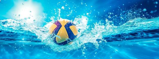 sport, vatten polo spel, boll faller in i vatten, blå baner tillverkad med generativ ai foto