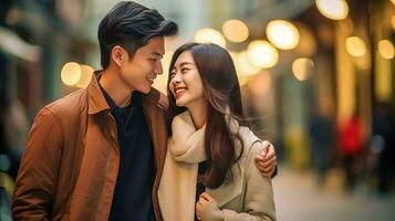 ung kärleksfull asiatisk par på en stad gata, tillverkad med generativ ai foto