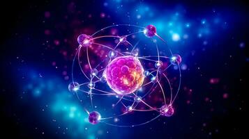 atom molekyl strukturera under mikroskop, neon ljus tillverkad med generativ ai foto