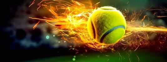 konst tennis boll och lera domstolar, rörelse energi och blixt, baner tillverkad med generativ ai foto