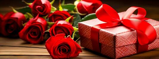 mödrar dag, valentines dag, födelsedag överraskningar, en gåva låda och en väska av röd rosor, baner tillverkad med generativ ai foto