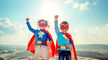 liten flicka och pojke i superhjälte kläder, tillverkad med generativ ai foto