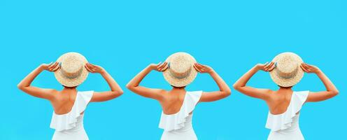 tre passa caucasian kvinnors ryggar i de vit simning kostym Sammanträde förbi de simning slå samman i de sugrör hatt i sommar dag. sommar, koppla av, friskvård, rekreation begrepp foto