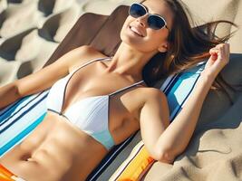 skön ung kvinna i bikini solbad på de strand. generativ ai foto