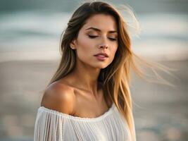 närbild porträtt av en skön ung kvinna andas i vit klänning på de strand på solnedgång tid. generativ ai foto