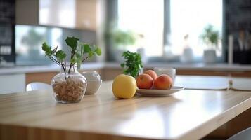 frukt i tallrik på tabell på bakgrund av suddig samtida kök. ai generativ foto