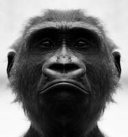 en skön svart och vit porträtt av en apa på stänga räckvidd den där utseende på de kamera. gorilla foto