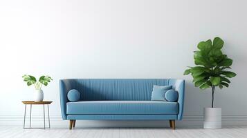 levande rum med en blå soffa, växt, och tabell, genererad förbi ai foto