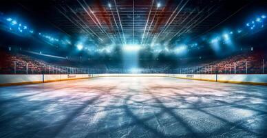 hockey stadion, tömma sporter arena med is rink, kall bakgrund med ljus belysning - ai genererad bild foto