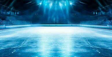 hockey stadion, tömma sporter arena med is rink, kall bakgrund med ljus belysning - ai genererad bild foto