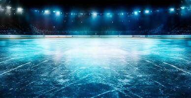 hockey stadion, tömma sporter arena med is rink, kall bakgrund med ljus belysning - ai genererad bild foto