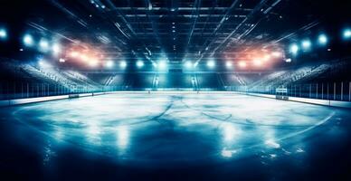 hockey stadion, tömma sporter arena med is rink, kall bakgrund med ljus belysning - ai genererad bild foto