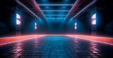 lysande neon rader, tunnel, neon lampor, virtuell verklighet, abstrakt bakgrund, portal, laser visa - ai genererad bild foto