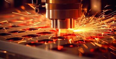 industriell laser skärande teknologi, gnista platt stål ark tillverkning teknologi - ai genererad bild foto