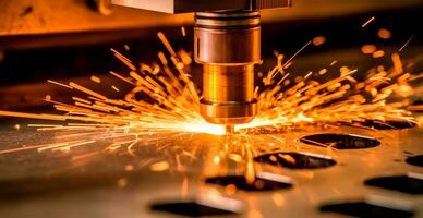 industriell laser skärande teknologi, gnista platt stål ark tillverkning teknologi - ai genererad bild foto
