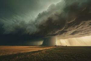 enorm molnig blåsigt storm. himmel med dramatisk moln från ett närmar sig åskväder. generativ ai foto