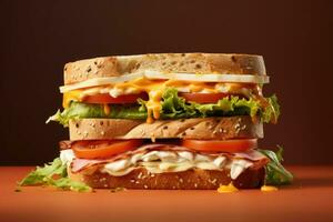smörgås med gott Ingredienser av salami, tomat, sallad och schack. generativ ai foto
