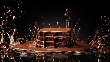 choklad kaka med lager och smält choklad stänk på mörk bakgrund. generativ ai foto