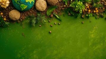 topp se av jord dag försäljning baner med växt frön och miniatyr- jord på grön bakgrund, ai generativ foto