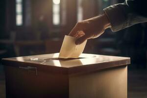 man väljare sätta valsedel in i röstning låda. demokrati frihet begrepp. generativ ai foto