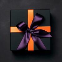 topp se på svart gåva låda med orange och lila band, skapas med generativ ai foto