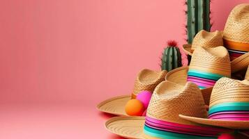 begrepp design av runda hatt och cinco de mayo prydnad topp se för cinco de mayo baner, ai generativ foto