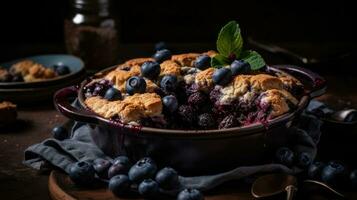 stänga upp blåbär skomakare med blåbär frukt på en trä- tabell med en suddig bakgrund, ai generativ foto