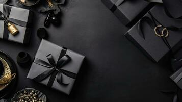 gåva låda och svart tejp på svart bakgrund för svart fredag försäljning baner, ai generativ foto
