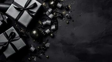 svart fredag försäljning baner bakgrund med gåva låda och svart tejp på svart bakgrund, ai generativ foto