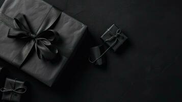 begrepp design av gåva låda och svart tejp på svart bakgrund, ai generativ foto