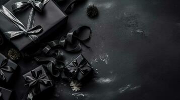 svart fredag med gåva låda och svart tejp på svart bakgrund för baner design, ai generativ foto
