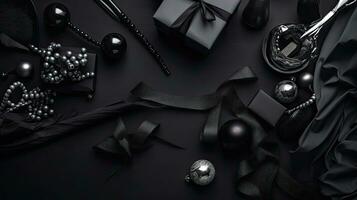 svart fredag försäljning med gåva låda och svart tejp på svart bakgrund, ai generativ foto