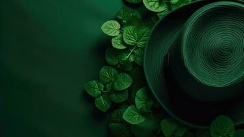 begrepp design av grön hatt och grön löv på grön pastell bakgrund för st patricks, ai generativ foto