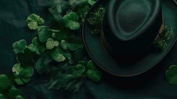bakgrund design försäljning baner för st Patricks med grön hatt och grön löv, ai generativ foto