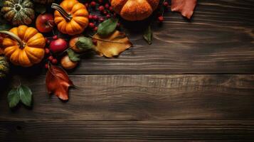 tacksägelse dag med en samling av pumpor och Övrig grönsaker på brun trä tabell bakgrund, ai generativ foto