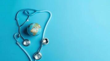bakgrund design försäljning baner för värld hälsa dag med stetoskop och miniatyr- jorden, ai generativ foto