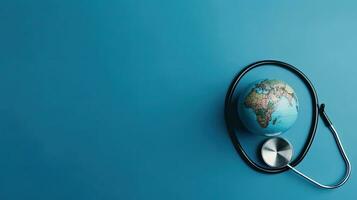 en stetoskop och miniatyr- jord på blå bakgrund för värld hälsa dag, ai generativ foto