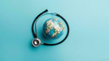 värld hälsa dag försäljning baner bakgrund med en stetoskop och miniatyr- jord på blå bakgrund, ai generativ foto