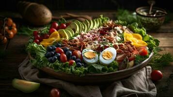 närbild cobb sallad full av bitar av grönsaker, kokt ägg och kött på fläck bakgrund, ai generativ foto