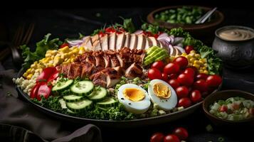 stänga upp cobb sallad full av bitar av grönsaker, kokt ägg och kött på fläck bakgrund, ai generativ foto