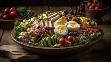 stänga upp cobb sallad full av bitar av grönsaker, kokt ägg och kött på fläck bakgrund, ai generativ foto