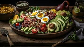 cobb sallad full av bitar av grönsaker, kokt ägg och kött på fläck bakgrund, ai generativ foto