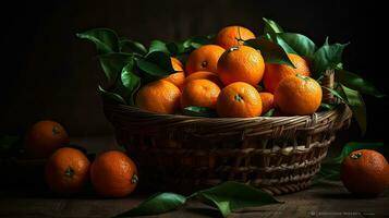 färsk mandarin orange i bambu korg med suddig bakgrund, ai generativ foto