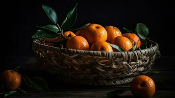 färsk mandarin orange i bambu korg med suddig bakgrund, ai generativ foto