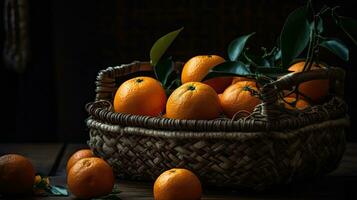 färsk orange frukt i en bambu korg med fläck bakgrund, ai generativ foto