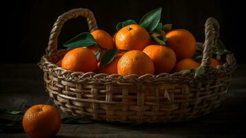 orange frukt i en bambu korg med fläck bakgrund, ai generativ foto